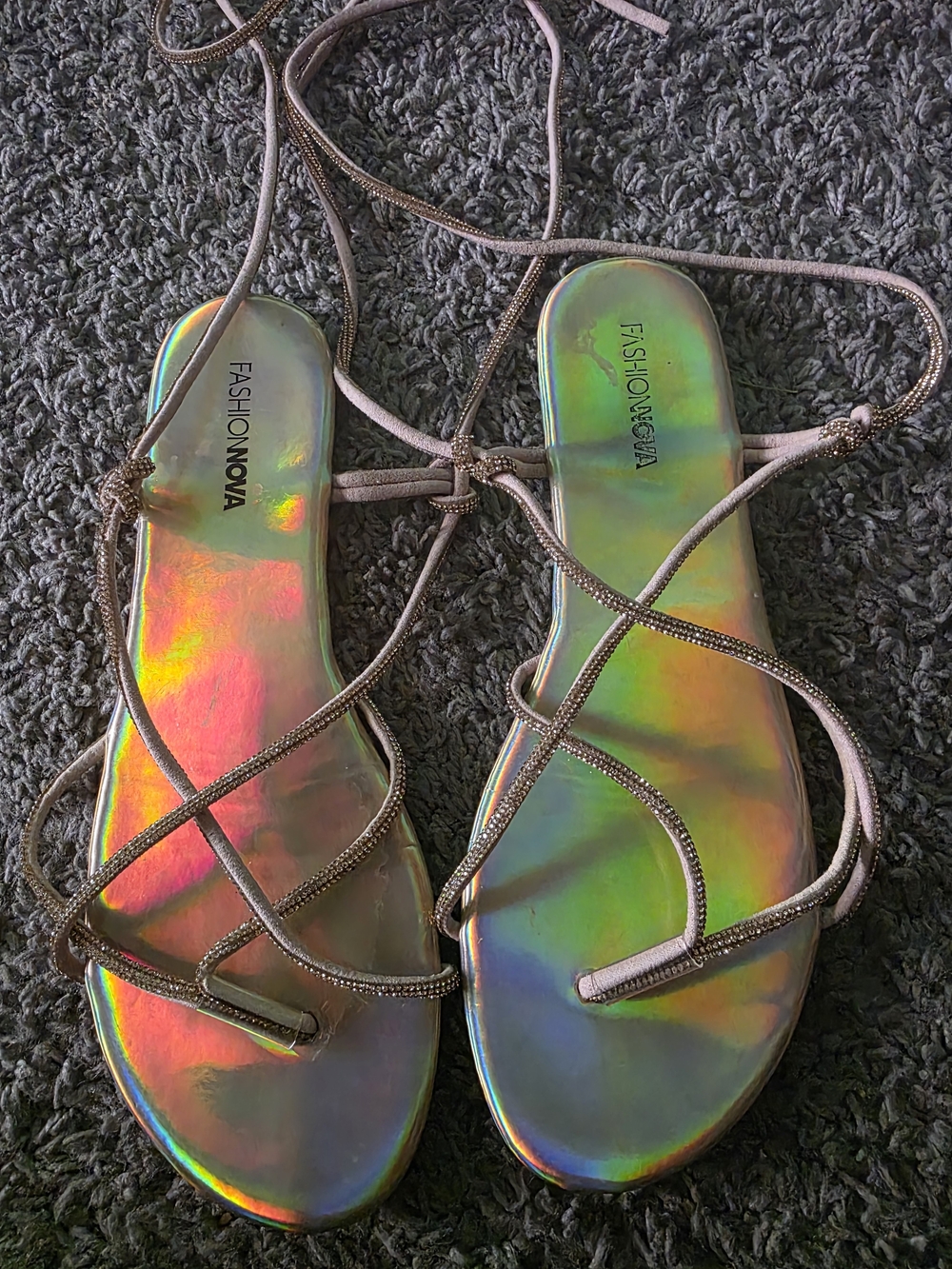Fashion Nova Iridescent Lace-Up Flat Sandals - Taupe Straps
